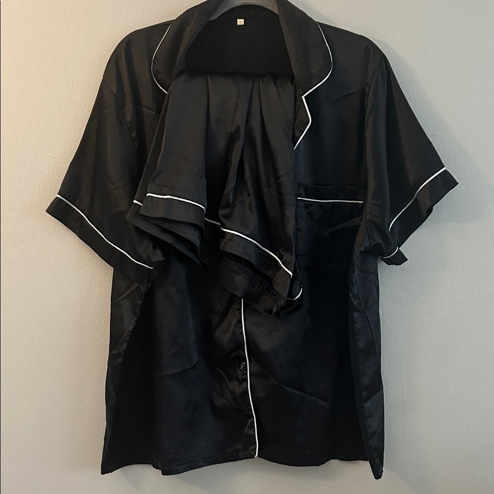 Black Satin Pajama Set with White Piping